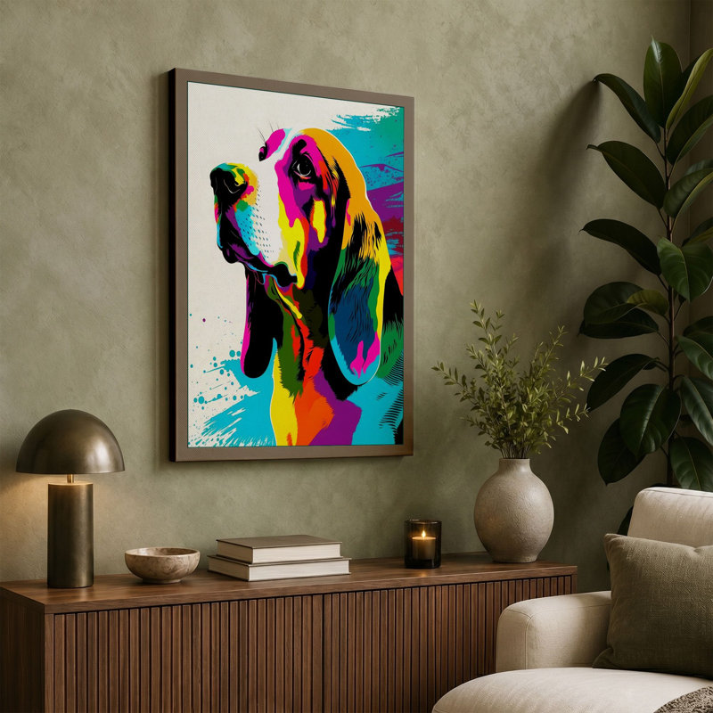 Vibrant Basset Hound Modern - Print, 24x16 - 61.0 x 40.6 cm, Teal Border