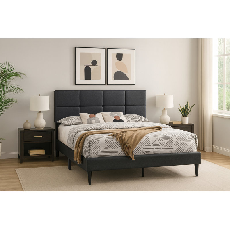 Lit plateforme capitonné avec tête de lit ajustable Grid, structure de lit tapissier en lin, aucun sommier requis, gris anthracite, lit double