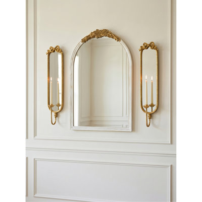 Set of 2 Gold Mirrored Wall Sconces with Decorative Iron Candle Holder