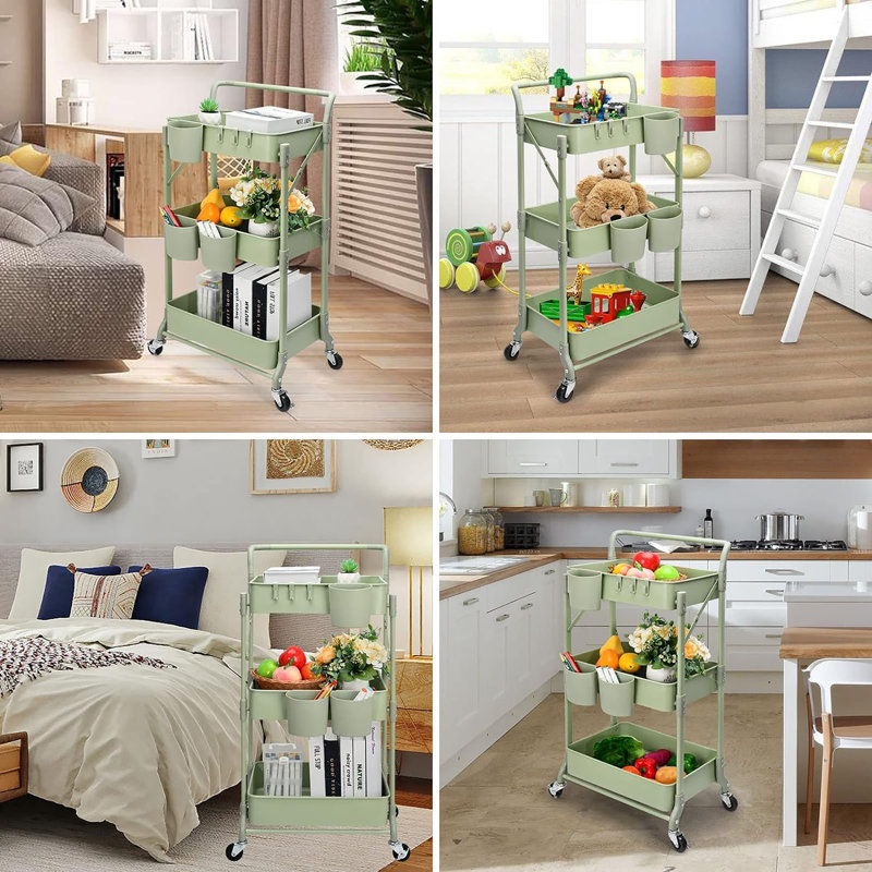 Chariot roulant pliable en métal à 3 niveaux, Vert