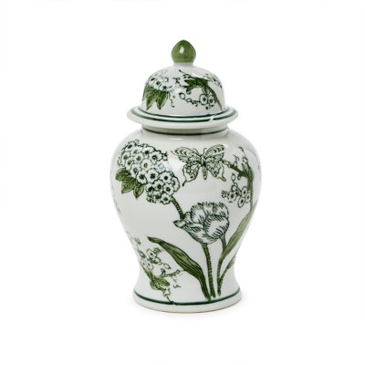 Pot en porcelaine verte et blanche avec couvercle H 8 po Primorose and Lotus