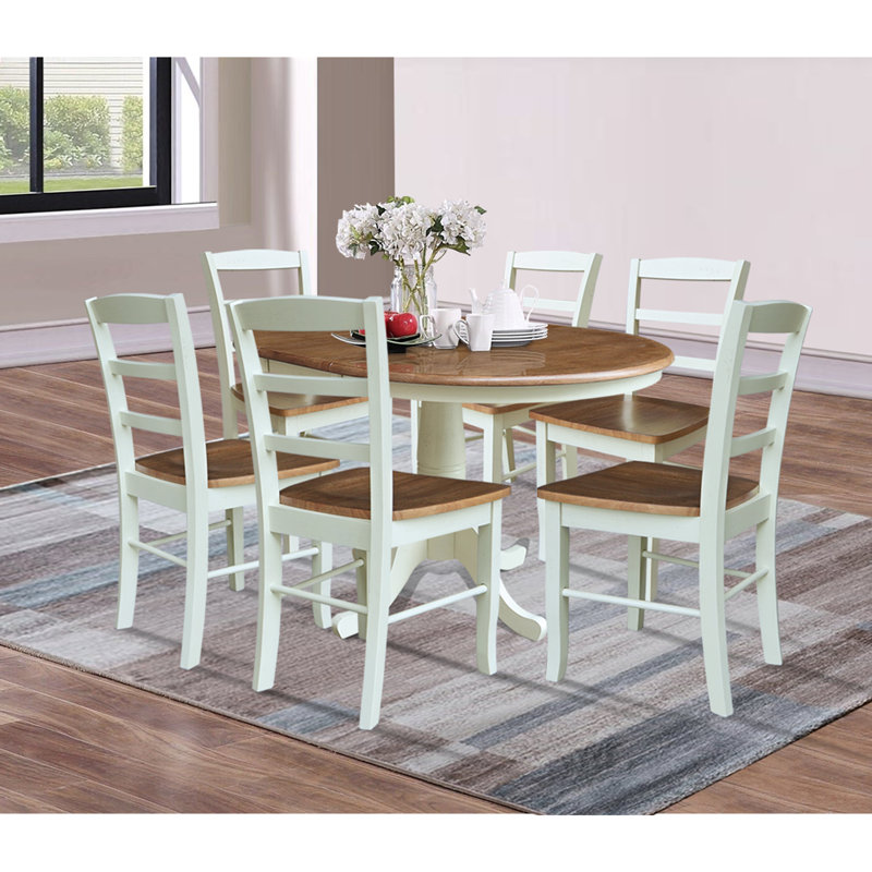 Gadmann Pedestal Extendable Solid Wood Dining Set, Hickory/Shell, 7 Pieces: Table, 6 Chairs