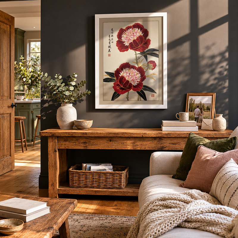 Peonies in Bloom Japandi - Framed Print, A3 - 42.0 x 29.7 cm, White