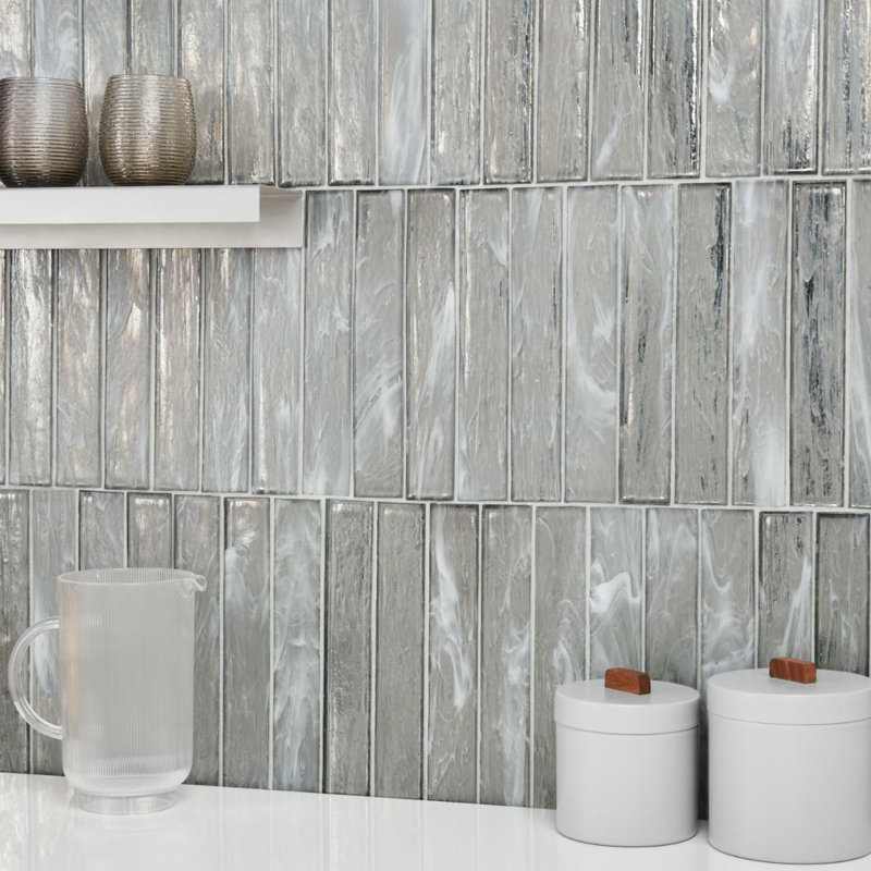 Komorebi Brick Metallic 2X12 Subway Look Polished Glass Tile, Mineral Ice Gray