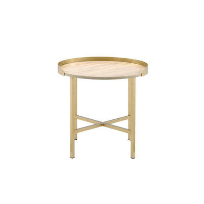 Table fonctionnelle en métal et chêne avec plateau de table compact à finition dorée intrigante