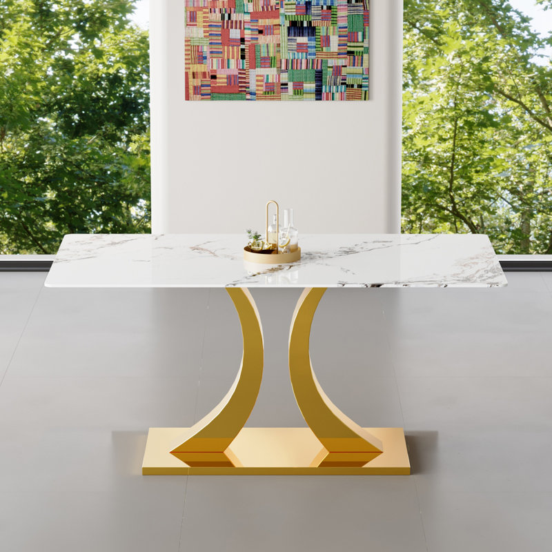 Table de salle à manger transformable robuste en acier inoxydable, plateau en verre trempé à motif de luxe blanc Pandora pour la salle à manger de cuisine