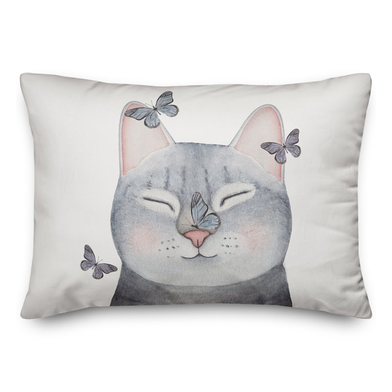 Coussin intérieur / extérieur Chat avec papillons, H 14 po x l 20 po, Rectangle