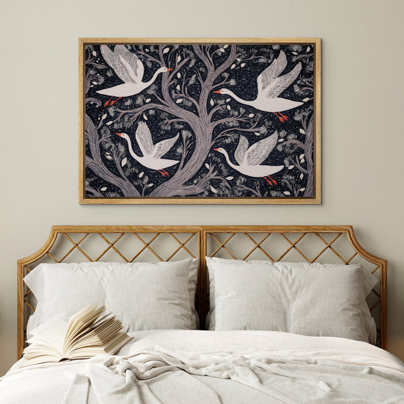 Goose Illusion Tree Branches Retro Decor Framed Bedroom Wall Decorations Canvas Print, Natural, 24" H x 36" W