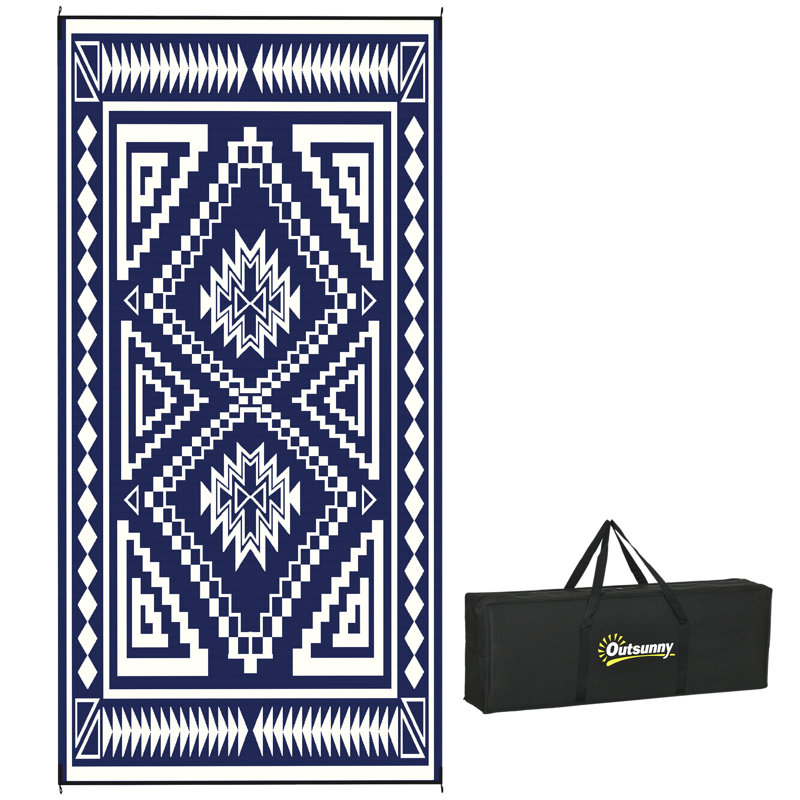 Tapis d'extérieur réversible, tapis de sol en paille de plastique imperméable 9 pi x 18 pi, tapis de camping portatif pour camping-car, grand tapis de jardin, de terrasse, de pique-nique, de plage, de patchwork carré bleu et blanc