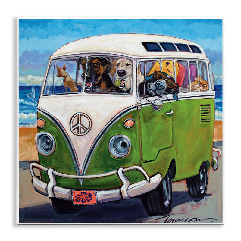Dogs Driving Retro Van Summer Beach Trip