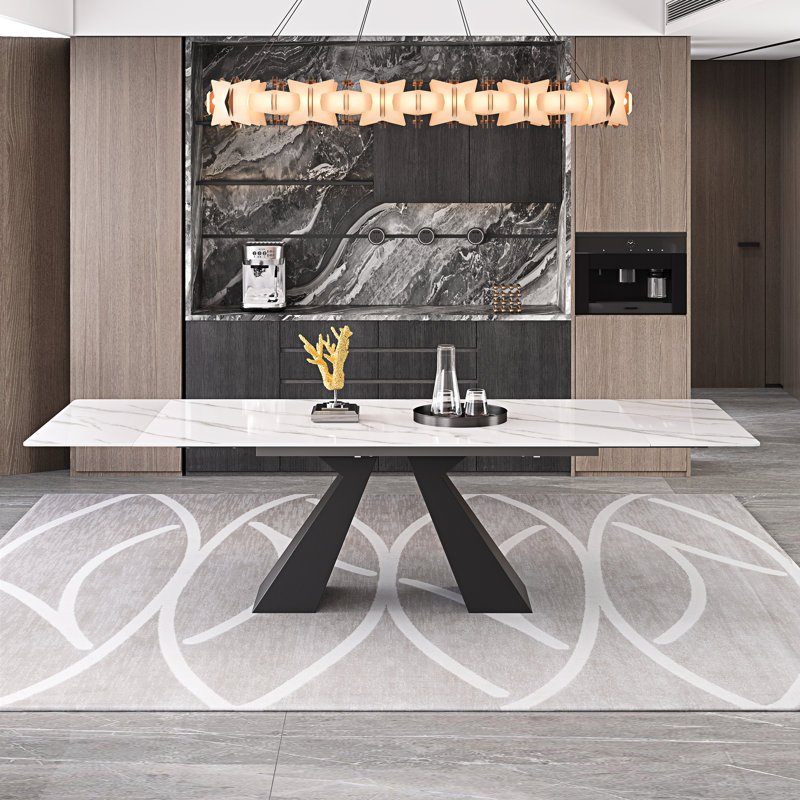 63'' to 94.5” Extendable Dining Table For 8-10 with Sintered Stone Tabletop and Metal Base, Snowy Mountain White ,  Black