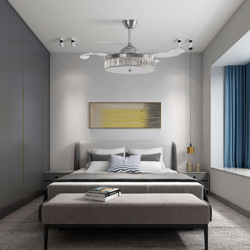 Silver Ceiling Fan with Lights 42 Inch Remote Retractable Nikky Ceiling Fan Light 6 Speeds LED Smart Light Fixture for Bedroom Kitchen (42 inches)