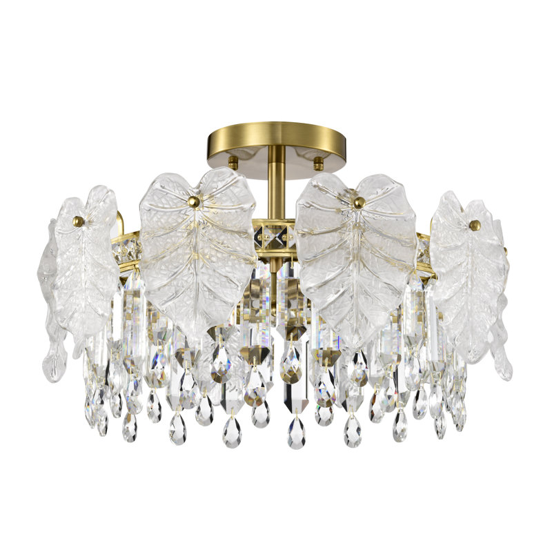 Isamary 5-light Brushed Shiny Brass Leaf-shaped Glass Crystal Flush Mount