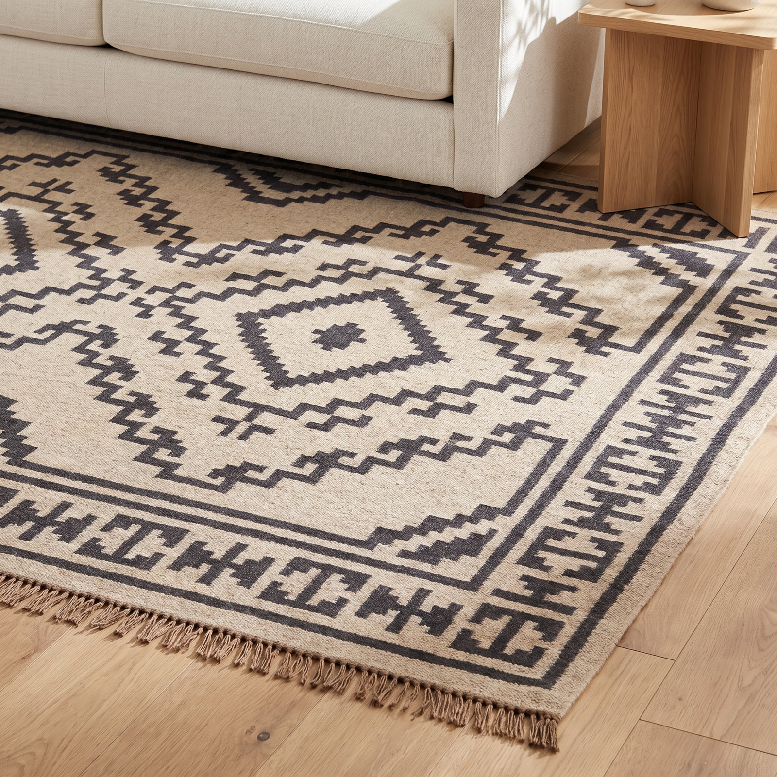 Louie Light Beige Black Flatweave Jute Rug, Rectangle 6' x 9'