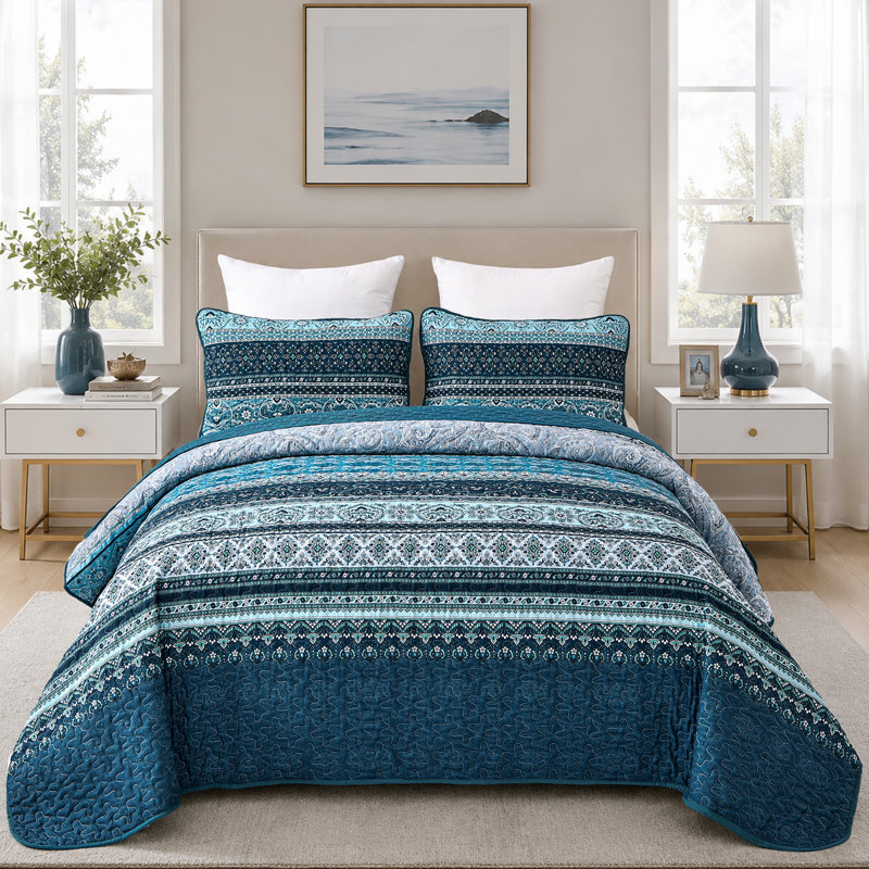Ensemble de 3 courtepointe Boho Bohemian, Courtepointe très grand et 2 très grandes taies, Bleu