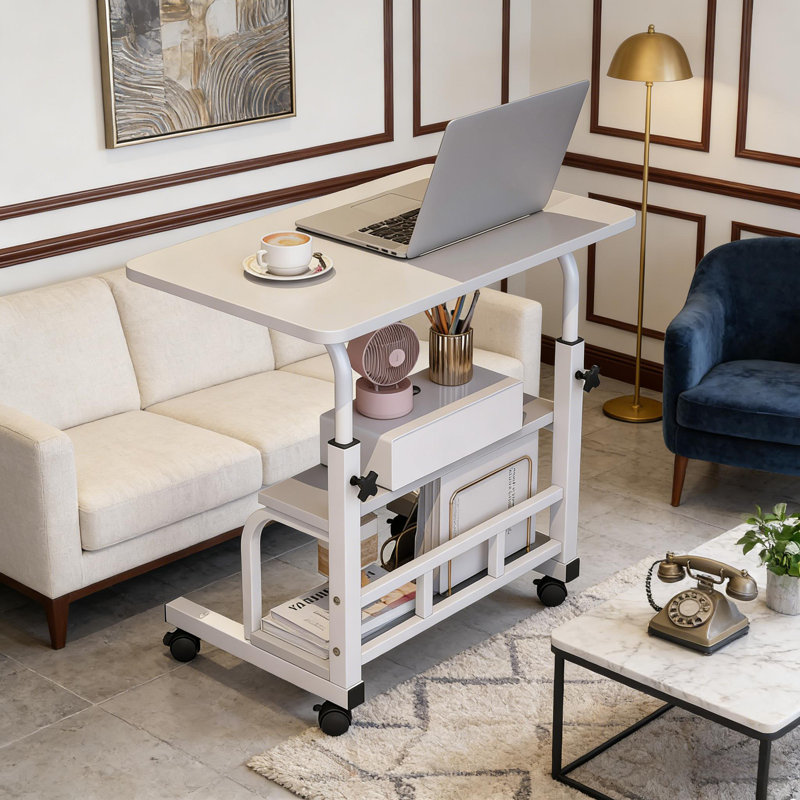 Portable Rolling Computer Table with Wheels and Storage Shelves for School & Home Office, Off White