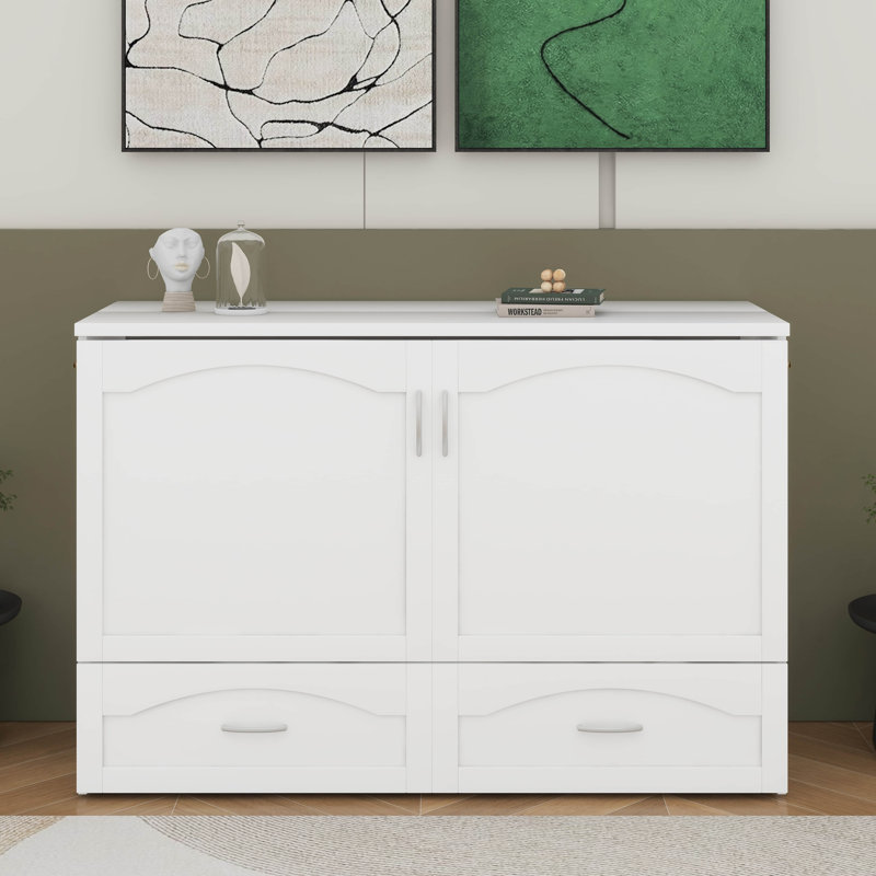 Lit escamotable mural Murphy avec tiroir et ensemble de prises et de ports USB, Blanc, Grand lit