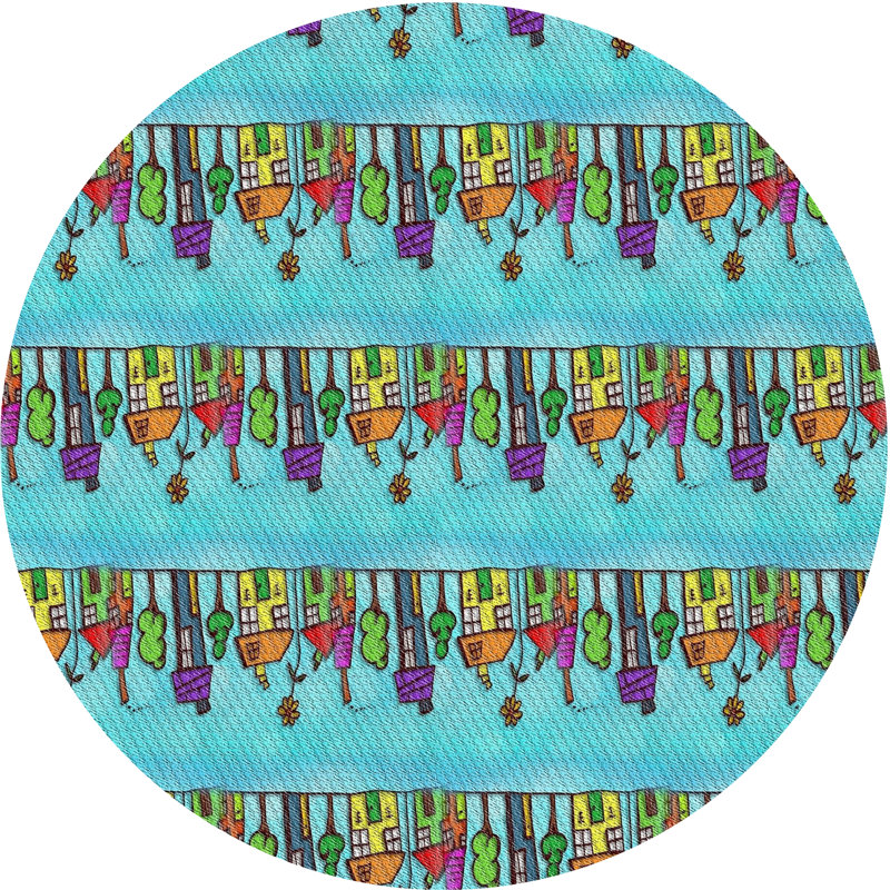 Tapis bleu/vert à motifs, Rond 5 pi