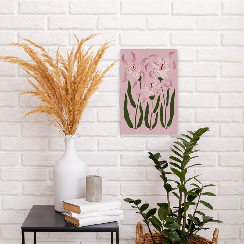 «Botanical Pink Lilies Delicate Modern Modern Lily Flower Nature», art mural, H 18 po x l 12 po