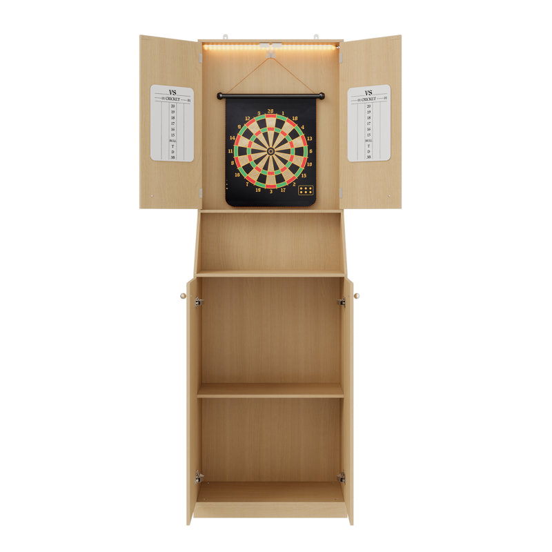 Armoire de jeu de fléchettes de 75 po de hauteur avec éclairage à DEL, tableaux de pointage intégrés, rangement pour jeux cachés et portes de protection en bois