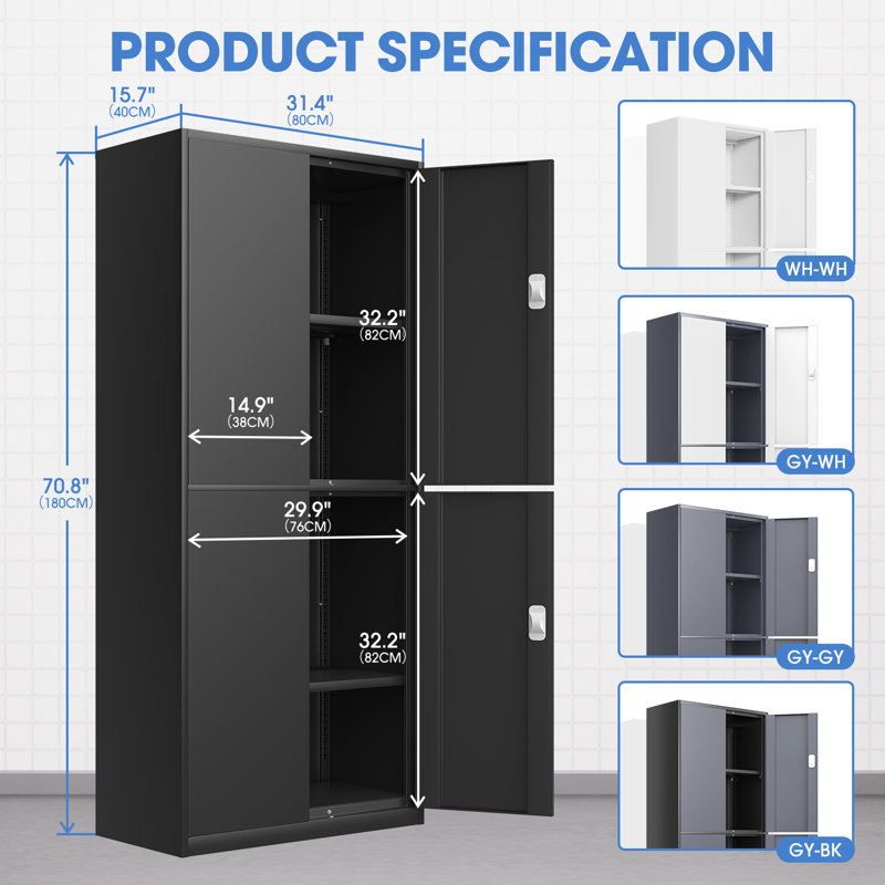 71" Lockable Heavy Duty Metal Storage Tool Cabinet W/ 2 Adjustable Shelves, Black
