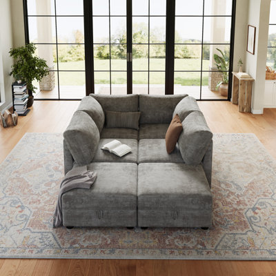 Modular Chenille Sectional Sofa with Hidden Storage Seats, Convertible Cloud Couch with Ottoman for Living Room