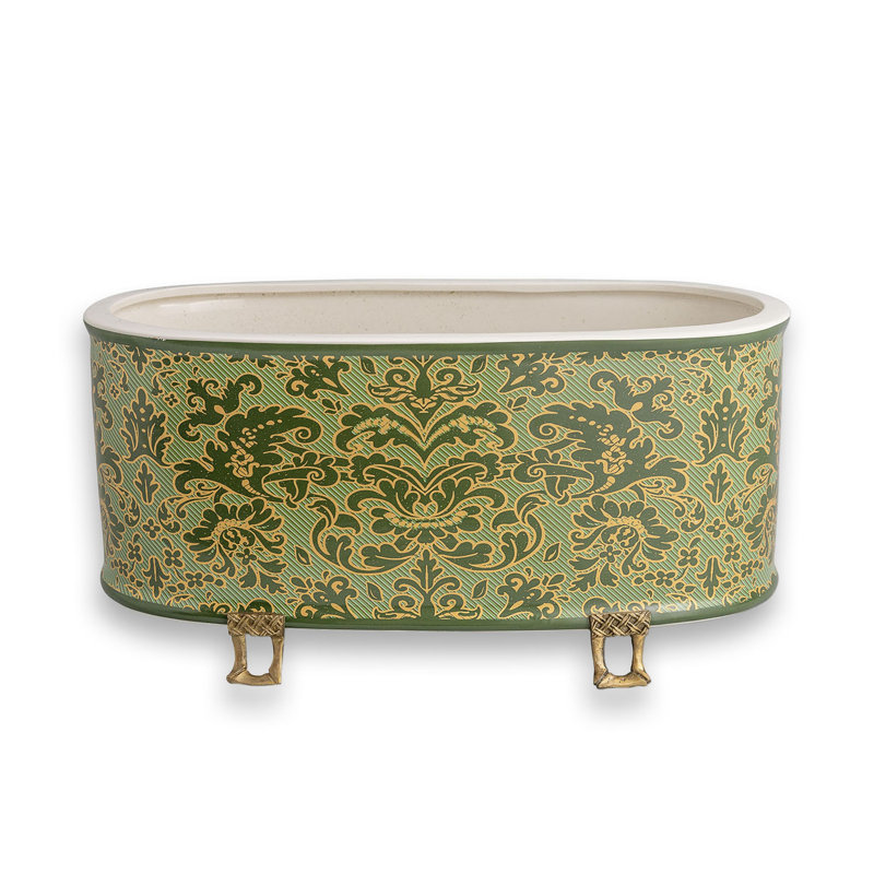 Richmond Damask Oval Planter, 8.5" H x 18" W x 8" D, Green