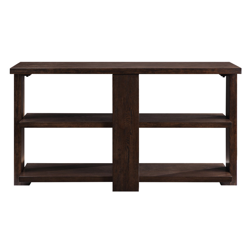 Table rectangulaire à finition noyer, texture bois naturel, 2 tablettes pour l'organisation, construction, 52 po x 18 po x 28 po, table 57 po avec plateau en bois, tablette ouverte, largeur 52 po, hauteur 28 po, profondeur 18 po