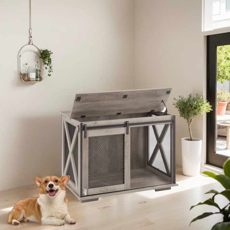 Meuble en bois pour cage de cage de chien avec porte de grange coulissante, Gris