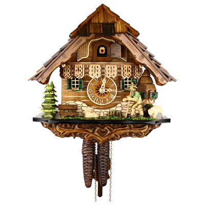  Black Forest Cuckoo Clock 10" H Volksmarcher Passing Cottage with Green Shutters