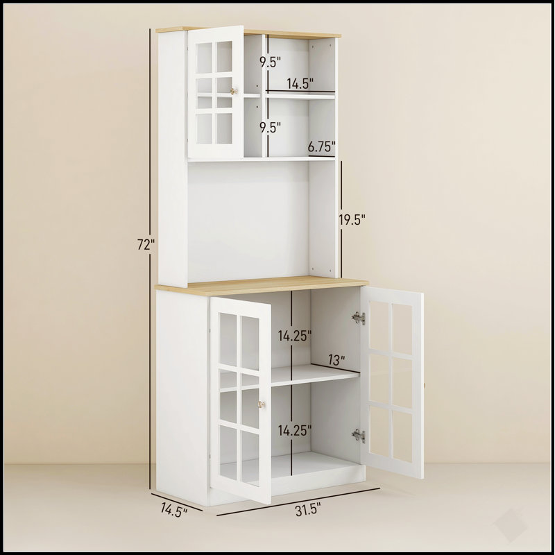 Armoire de cuisine, armoire de rangement autoportante de 72 po avec huche, grand comptoir, portes en verre et tablettes réglables, armoire à micro-ondes, armoire à café pour la salle à manger, blanc