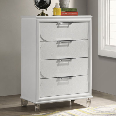 Contemporary Glam Pearl White 1Pc Chest Of Drawers Acrylic Handles Embossed Panels English Dovetails 5-Drawers Tall Dresser