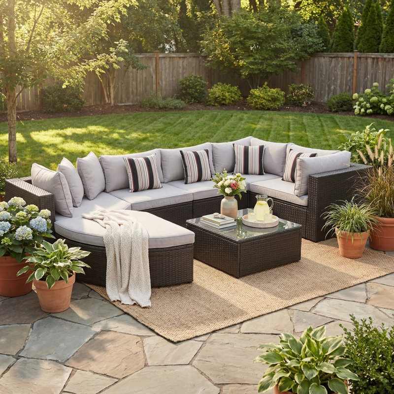 7-Piece Outdoor Wicker Sectional Sofa Set, Rattan Patio Conversation Sectional Sofa Set with Colorful Pillows for Patio, Garden, Deck
