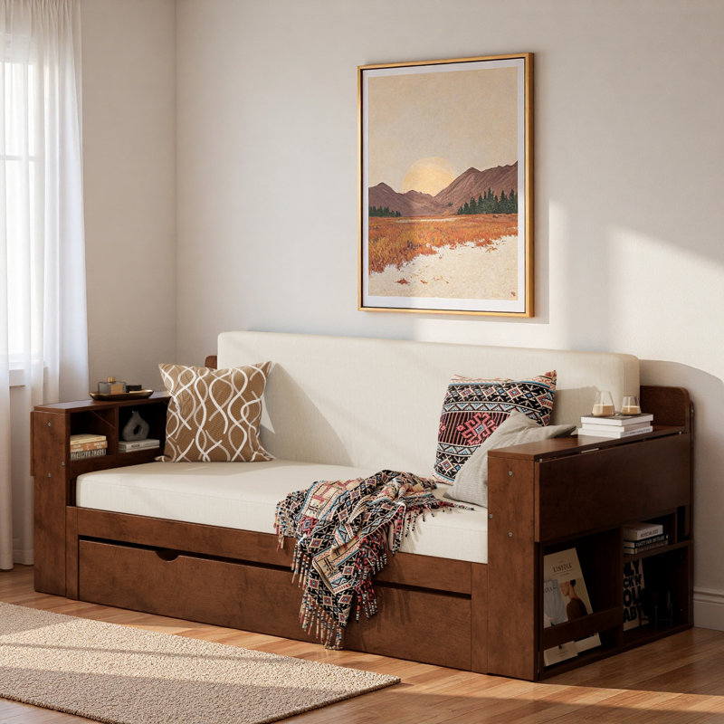 Lit de jour multifonctionnel avec tiroir de rangement, compartiments ouverts et table d'appoint hydraulique, Brun