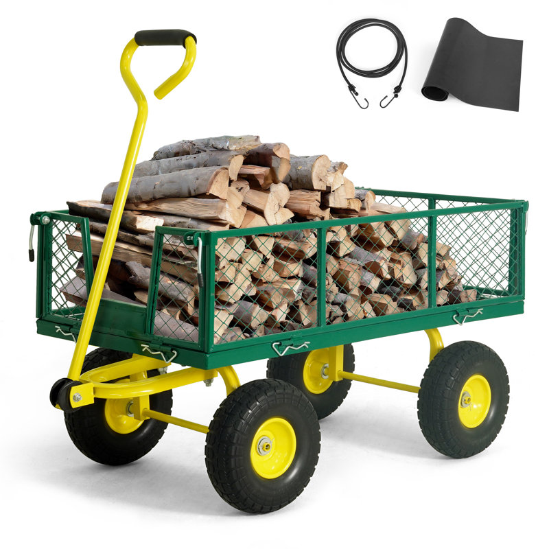 CAPHAUS Metal Garden Cart, w/ 180° Adjustable Yellow Handle, w/ Mat and Strap, 880 lbs Capacity, Green