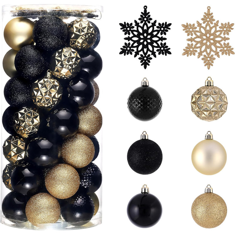  Ensemble de décorations d'arbre de Noël pour l'Halloween d'automne, 50ct 2,36 pouces noir et or incassable boules de Noël suspendues, décoration de fête de Noël
