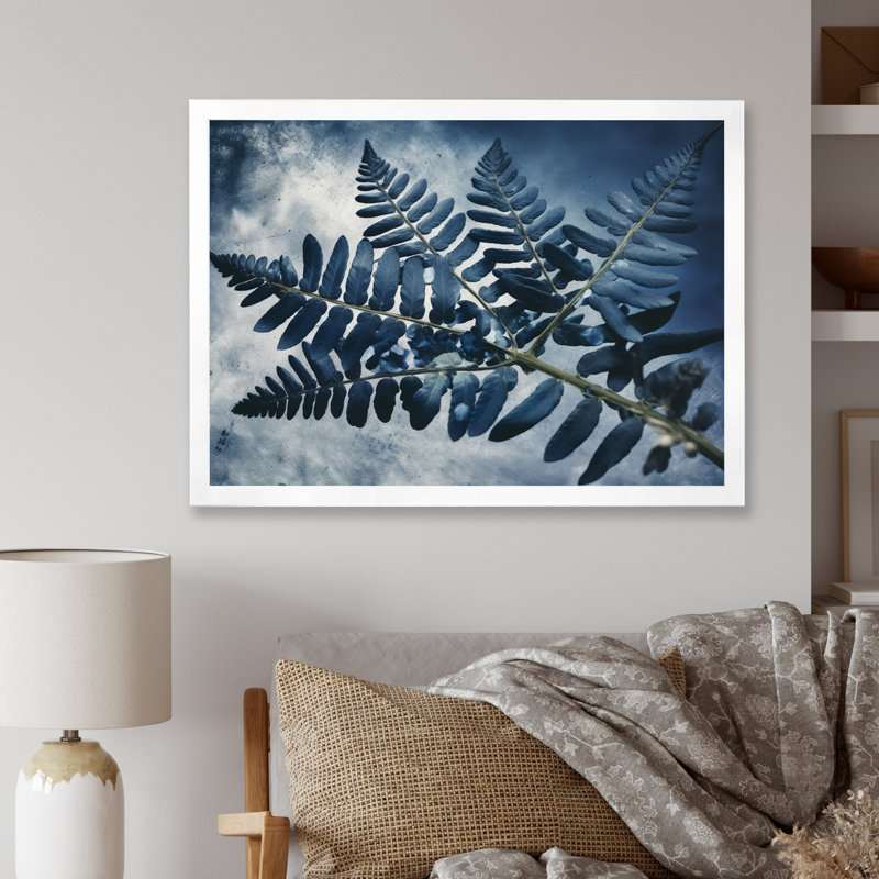 Fougères bleues rétro sur fond blanc - imprimé, Cadre photo blanc, H 34 po x l 44 po x P 1,5 po