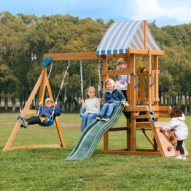ROBUD Wooden Swing Set with Slide and 2 Swing(s)