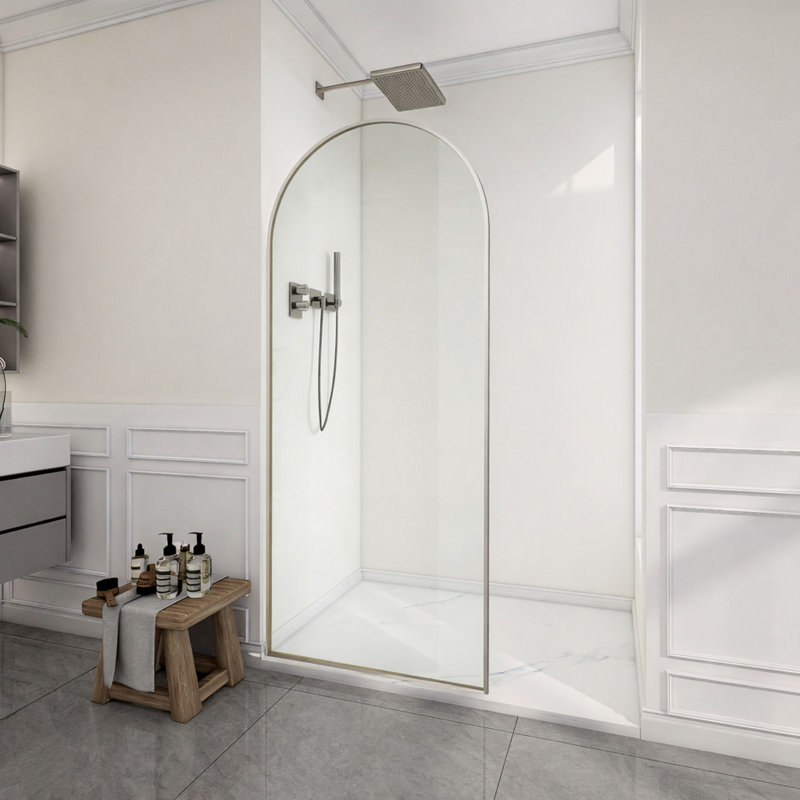 Ember Series 78 In. X 34 In. Framed Arch Fixed Shower Screen Door In Brushed Nickel With 8Mm Tempered Clear Glass, Clear