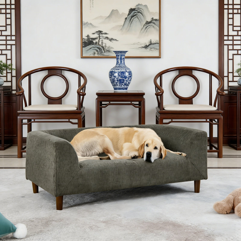 Modern Rectangular Pet Sofa With Backrest And Armrests, Soft Cushion Comfortable Dog Bed For Small And Medium Dogs, Dark Grey