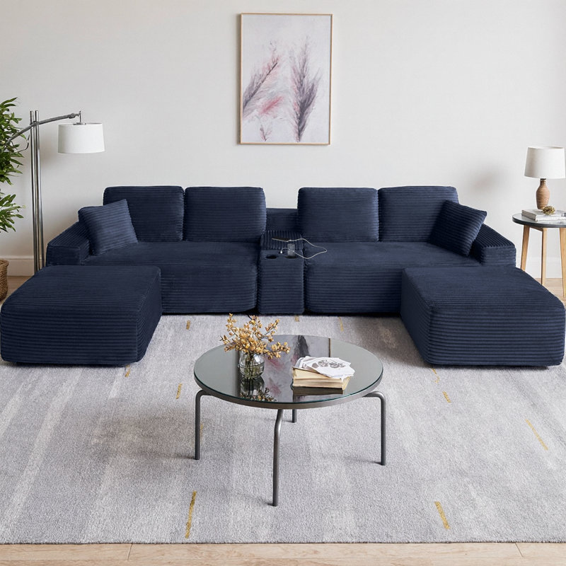 125" Modular Sectional Cloud Couch with Two Ottomans, U-Shaped Deep Seat Sofa with Cup Holders, USB Ports & Storage, Upholstered Soft Corduroy for Modern Living Room