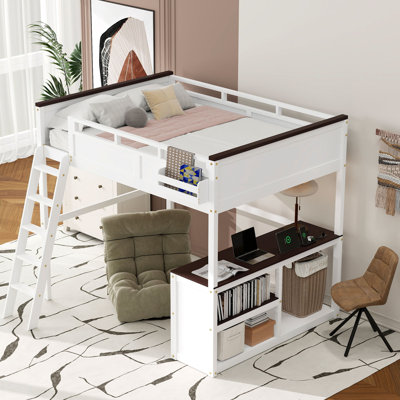 Grand lit mezzanine avec bureau, tablette ouverte, boîte de rangement, station de charge USB, blanc