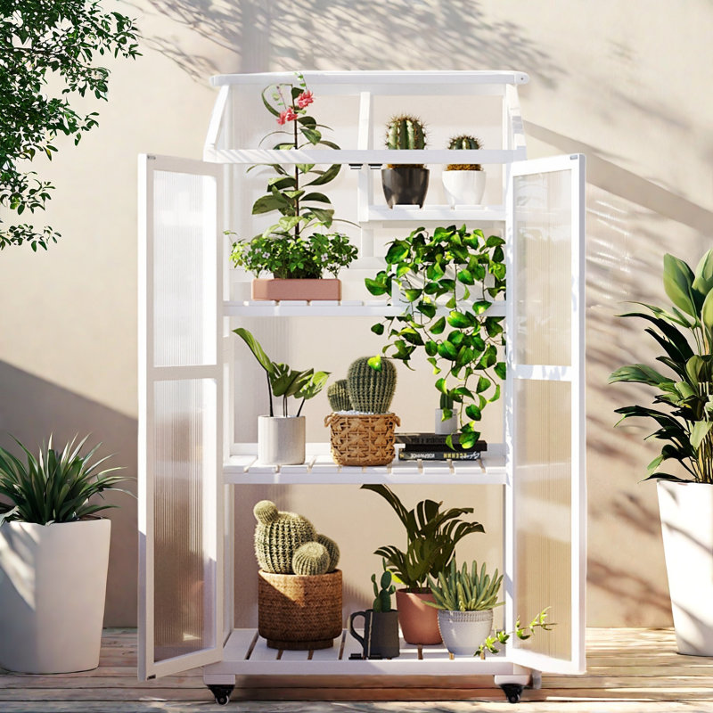 Height Wood Large Greenhouse Balcony Portable Cold Frame With Wheels, Adjustable Shelves And Openable Roof, White