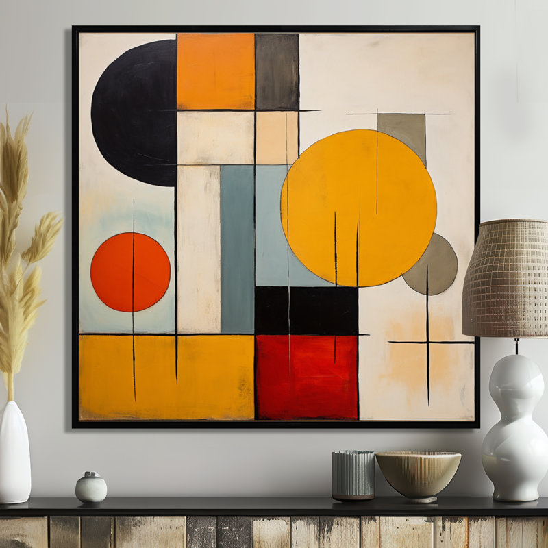 Art géométrique circulaire équilibre - salon Mid-Century Wall Art, Toile avec cadre flottant noir, H 16 po x l 16 po x P 1 po