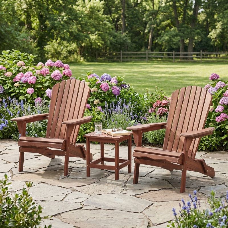 Set of 2 Solid Wood Folding Adirondack Chairs, Outdoor Patio Chairs with Embossed Wood Grain, Weather-Resistant Fire Pit Chairs with Wide Armrests for Backyard, Porch, Lawn & Deck