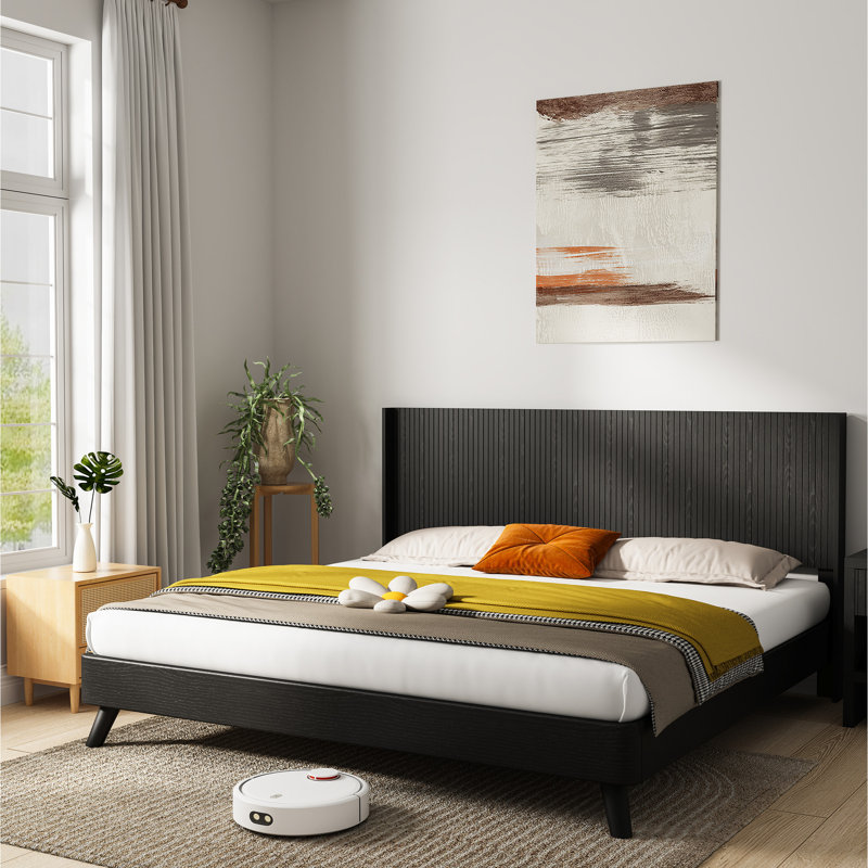 Tête de lit en bois de 80,2 po de largeur pour lit très grand - Esthétique moderne, panneau mural cannelé, tête de lit à oreilles, aspect chêne noir, sensation réelle élégante, art contemporain 3D, confortable et élégant,