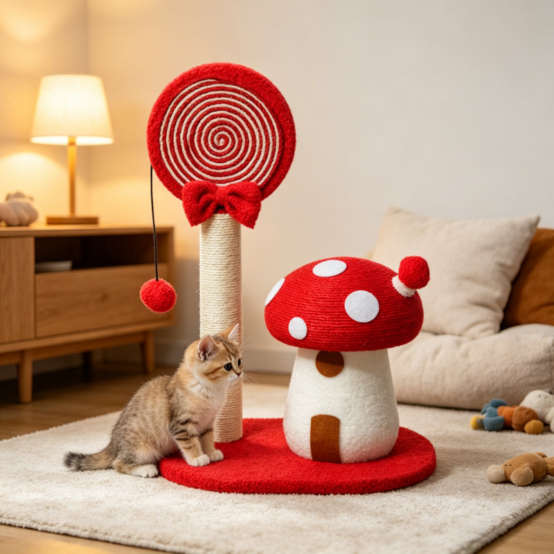 Grattoir à champignon avec tour en corde de sisal et jouet suspendu interactif, Rouge