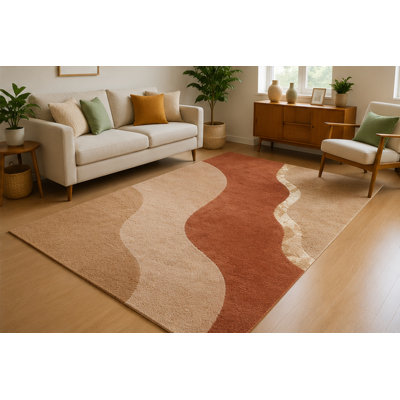 "Ultra Thin" 5' x 7'Modern Earth Tone Wave Area Rug for Living Room, Soft Low Pile Indoor Rug with Non-Slip Silicone Backing, Decorative Carpet for Bedroom, Dining Room, Office, Terracotta Beige