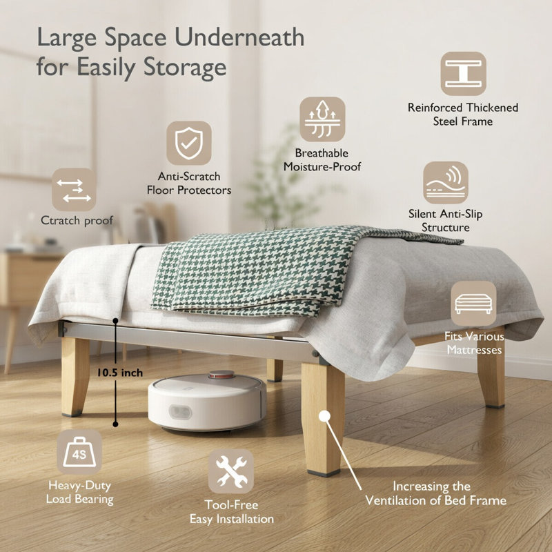 Base de lit simple en bois avec lattes en bois massif - Finition noyer brun naturel, pas de sommier tapissier, base plateforme moderne à profil bas pour matelas simple