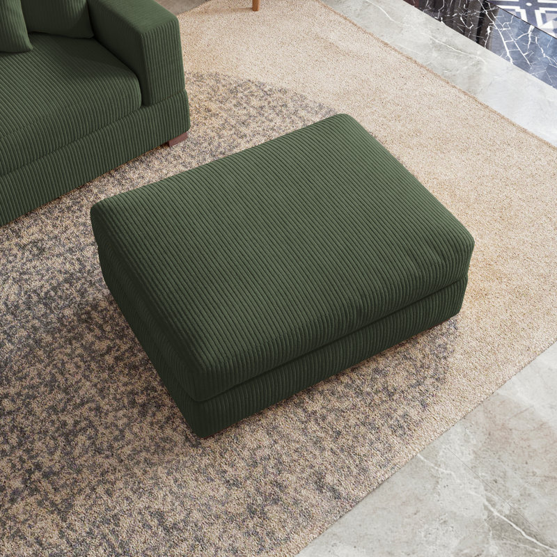 Upholstered Green Square Corduroy Ottoman with Solid Wood Legs, Single Ottoman Modular Part For Sectional Sofa, Green